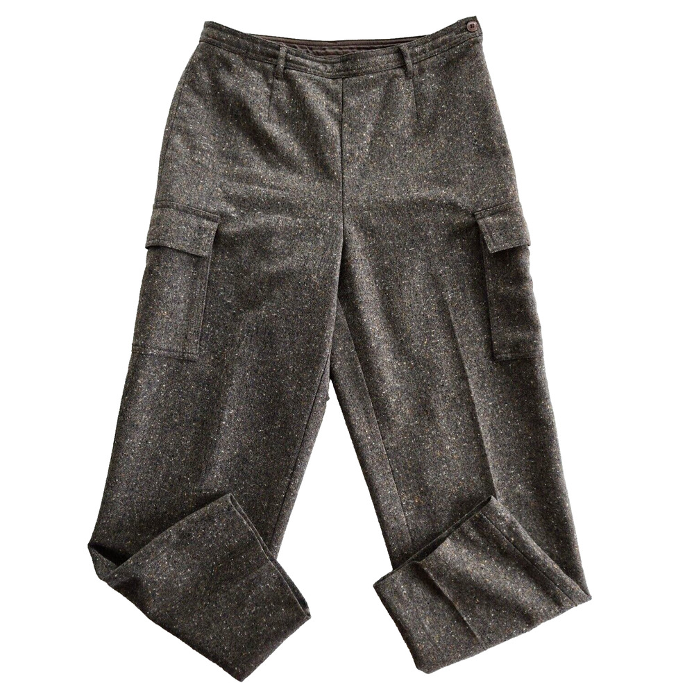 LL Bean Wool Cargo Dress Pants Women 12 Brown Flecked Tweed Preppy Office Casual